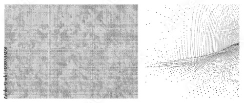 Halftone dot matrix forming gradient textures, particle field flow, vectorized pointillism, isolated graphic elements, digital art texture, design.