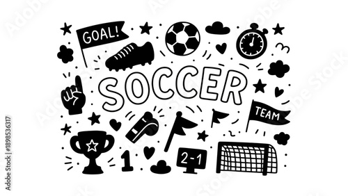 A black and white illustration of various soccer themed icons and symbols
