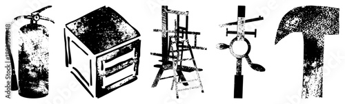 Set of five distressed black and white vector fire extinguisher, safe box, ladder, steering wheel, hammer. Grunge texture, isolated, cutout, rgba.
