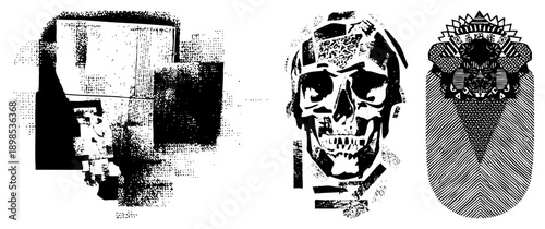 Stylized skull illustrations using halftone dots, geometric shapes, and bold graphic design elements, vector art, tattoo motifs, punk aesthetic, isolated foregrounds.