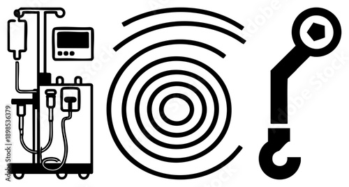 Medical device for IV drips, wireless connectivity symbol, industrial hook tool all in minimalist vector style. Used in healthcare, tech, and logistics interfaces.