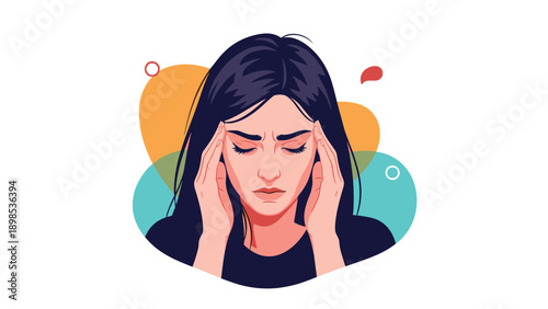 Stressed young woman suffering from severe headache or migraine holding her head with eyes closed in pain and discomfort.