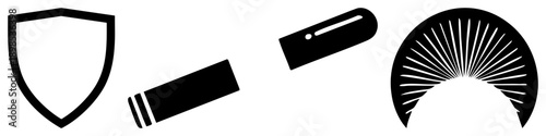 Minimalist black vector shield, cylindrical object, tool handle, fan shaped burst. Flat design, isolated elements, graphic symbols, UI components.