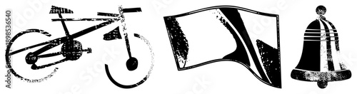 Stylized bicycle with distressed texture, fluttering flag with bold stripes, classic bell with bands all in vector art with gritty aesthetic.