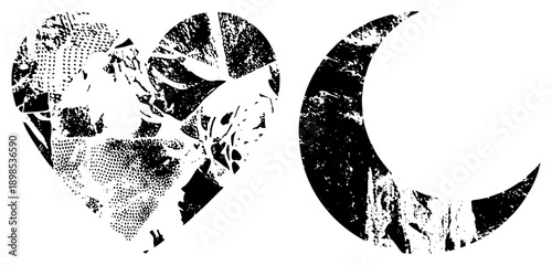 Broken heart and moon in halftone style, distressed texture, graphic design elements, vector art, romantic symbolism, night sky motif.