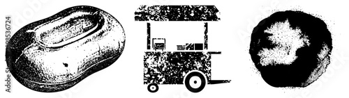 Black and white halftone graphic of peanut, food cart, meteorite stylized vector art, isolated elements, textured dots, retro print aesthetic.