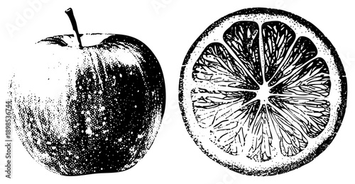 Vintage style halftone with stem and citrus section, stylized fruit graphics, vector art, food illustration, retro print design.