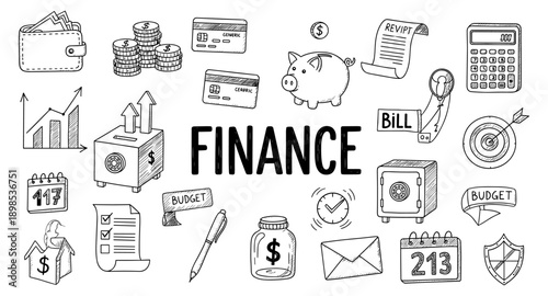 Hand-drawn finance icons and symbols representing money management and savings