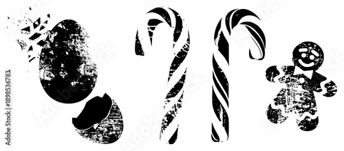 Broken chocolate egg, striped candy canes, smiling gingerbread man, holiday sweets, festive treats, vintage distressed style, black and white vector.