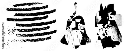 Stylized graphic forms with halftone textures, fragmented planes, and gestural strokes, rendered in vector style, ideal for modern design or art installations.