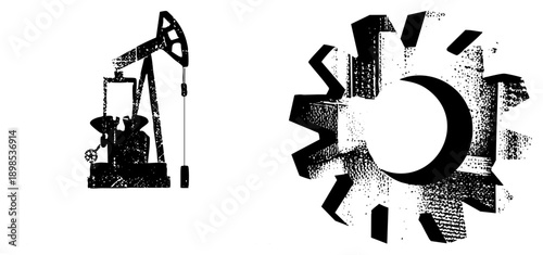 Black vector of oil pumpjack and gear, industrial machinery symbols, mechanical engineering, energy extraction equipment, stylized industrial design.