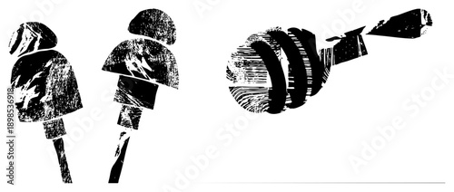 Graphic representations of microphones with distressed textures, equipment, vocal recording tools, stage performance gear, black and white vector art.