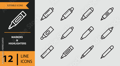 Markers Highlighters Outline Writing Icons Set