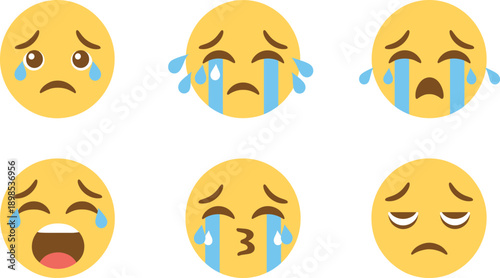 Crying Emoji Face Icon Set Showing Sad Tearful Emotional Expressions Representing Grief Stress and Strong Feelings for Chat Apps User Interfaces and Communication Design