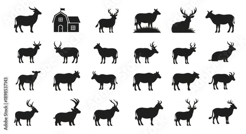 Collection of Animal Silhouettes Including Deer and Cattle.