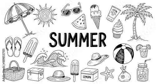 Collection of hand-drawn summer icons and elements for vacation and beach themes