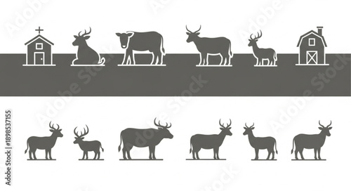 Collection of Animal Silhouettes and Farm Buildings.