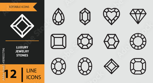 Luxury Jewelry Stone Outline Icons Set