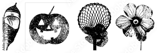 Stylized vector featuring a caterpillar, jack o lantern, netted sphere, and flower, rendered in halftone texture with bold. Perfect for graphic design, print, or digital.