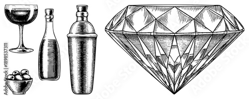Classic barware including coupe glass, liquor bottle, cocktail shaker, olive bowl, and faceted diamond illustration, rendered in detailed art.