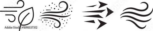 Wind icon set with black line symbols, editable stroke for weather, air, and nature design.