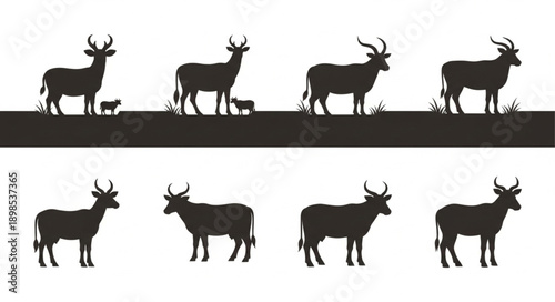 Collection of Antelope and Deer Silhouettes Standing Still.