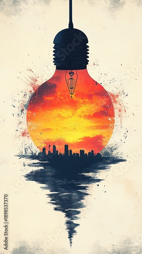 Light bulb reflecting a vibrant sunset skyline.