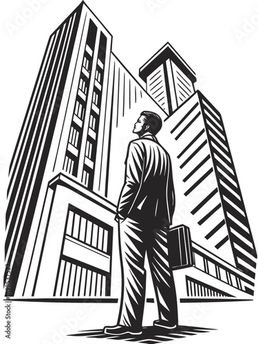 Businessman standing in front of office buildings, urban business environment, linocut style vector illustration, bold expressive lines, woodcut engraving look, high contrast black and white, flat vec