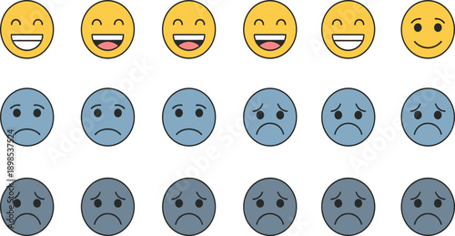 Emoji Face Icon Set Showing Happy Smiling Neutral and Sad Facial Expressions Representing Emotions Mood States and User Feedback for Apps and Interface Design