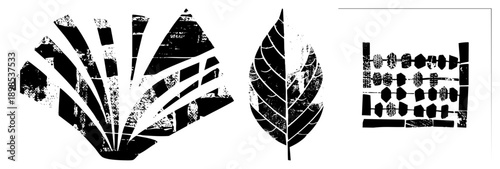 Graphic symbols of fan, leaf, and abacus rendered in bold black shapes with distressed texture, flat vector design, isolated foreground elements, aesthetic.