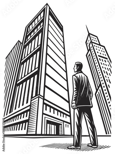 Businessman standing in front of office buildings, urban business environment, linocut style vector illustration, bold expressive lines, woodcut engraving look, high contrast black and white, flat vec