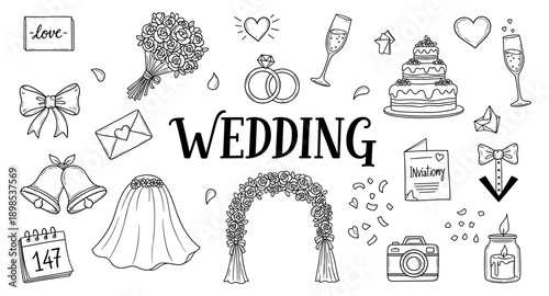 Collection of hand-drawn wedding elements and symbols for celebration and romance