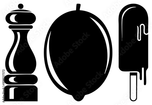 Culinary including pepper mill, citrus fruit, and frozen treat, minimalist vector set, kitchen essentials, food illustration, flat design.