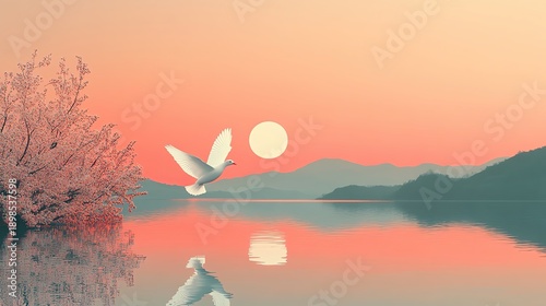 Serene sunset over calm lake with flying bird.