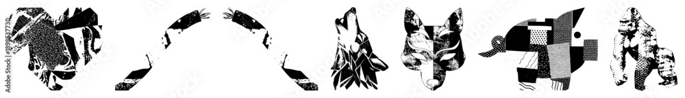 Obraz premium Stylized animal heads composed of fragmented shapes, halftone textures, and bold, vector art, graphic design, modern illustration.