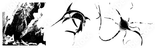 Stylized marine creatures rendered in halftone dot, including a swordfish,, and sea creature, vector art with high contrast and isolated foreground.