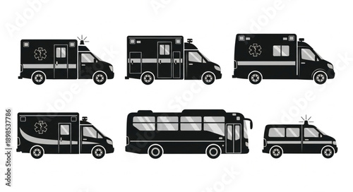 Collection of Ambulance and Medical Transport Vehicles Silhouettes.