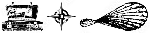 Travel suitcase with, classic compass rose, scallop, vector, isolated symbols for navigation and adventure.