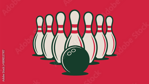 Bowling pins and ball illustration on red background, ten pin bowling sport concept, strike target graphic design