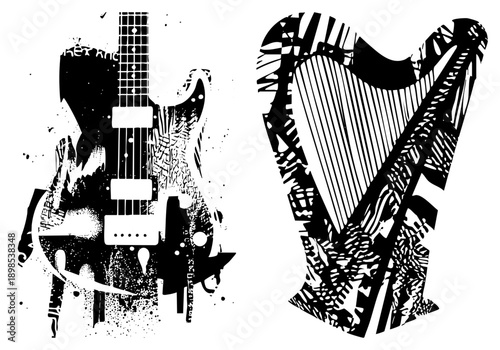 Graphic vector illustration of electric guitar and harp with distressed textures, halftone, and abstract splatter effects. Music instrument art, rock and classical fusion, design.