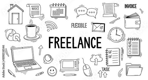 Doodle icons representing freelance work, including laptop, coffee, and calendar