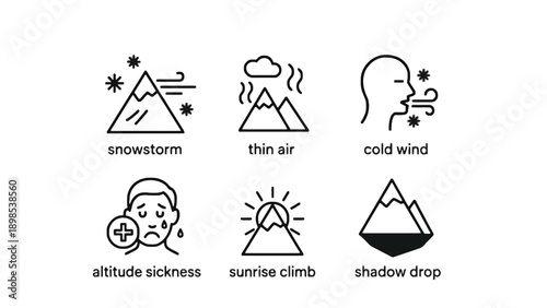 A graphic illustration depicting various mountain climbing challenges and hazards