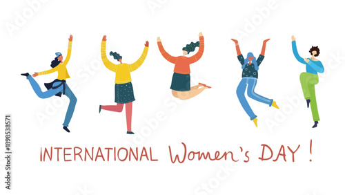 A vibrant illustration celebrating International Women's Day with joyful women