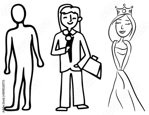 Abstract figures symbolizing anonymity, professional, and minimalist art, character design, social roles, identity representation.