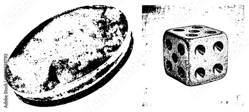 Retro style halftone cookie and die graphic, distressed texture, print, gaming, snack illustration, vector art.