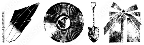 Retro styled halftone vector graphics of directional arrow, vinyl record, shovel, gift bow,, stylized symbols, graphic design elements.