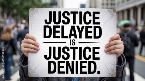Justice delayed is justice denied sign, human rights protest and legal reform concept