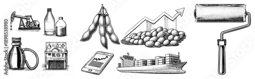 Vector illustrations of oil extraction, soybean harvest, shipping logistics, and digital market trends, rendered in sketch style.