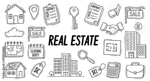 Doodle icons representing real estate concepts like houses, contracts, and keys