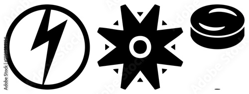 Minimalist vector symbols featuring lightning bolt in circle, starburst with inner ring, and stylized donut shape, all in flat design.